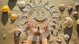 Child's Hands with Seashell Decorated Sand Art