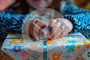 Child's Hands Unwrapping a Colorful Holiday Gift