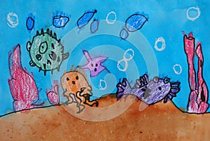 Child's painting - creatures under the sea