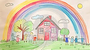 A child\'s painting of a family with a house and a rainbow.Childhood artwork