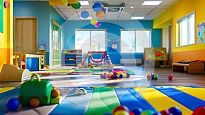 Child's play room with colorful play mats and toys on the floor.