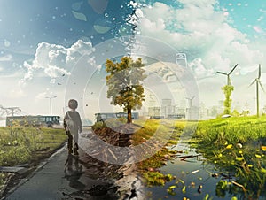 Child\'s rear view contemplating between a clean energy and a polluted environment