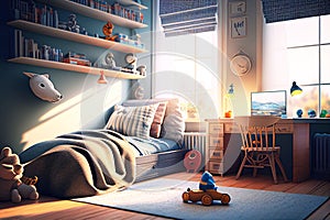 Child\'s room. Boy\'s room. Child bedroom. Kids toys. Colorful bedroom. Real estate. Home staging. Renovation company. Daylight.