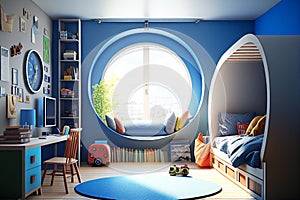 Child\'s room. Boy\'s room. Child bedroom. Kids toys. Colorful bedroom. Real estate. Home staging. Renovation company. Daylight. B