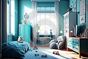 Child\'s room. Boy\'s room. Child bedroom. Kids toys. Colorful bedroom. Real estate. Home staging. Renovation company. Daylight. B