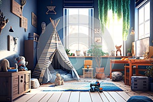 Child\'s room. Boy\'s room. Child bedroom. Kids toys. Colorful bedroom. Real estate. Home staging. Renovation company. Daylight. B
