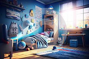 Child\'s room. Boy\'s room. Child bedroom. Kids toys. Colorful bedroom. Real estate. Renovation company. Home staging. Daylight. B