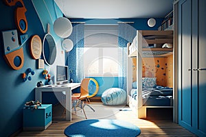 Child\'s room. Boy\'s room. Child bedroom. Kids toys. Colorful bedroom. Real estate. Renovation company. Home staging. Daylight. B