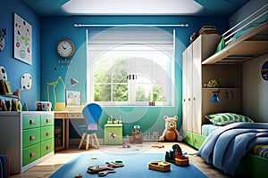 Child\'s room. Boy\'s room. Child bedroom. Kids toys. Real estate. Renovation company. Home staging. Daylight. Blue walls.