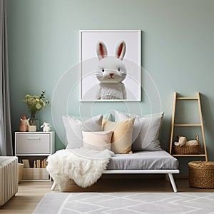 Child\'s room mock-up with funny bunny picture