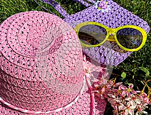 Child's Spring straw hat, purse and yellow sunglasses