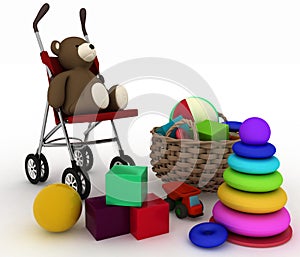 Child's toys in a small basket and pram