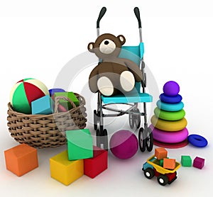 Child's toys in a small basket and pram