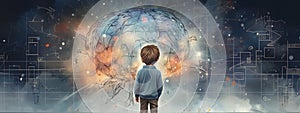 A Child\'s View of the Cosmic Universe - Conceptual illustration of a boy marveling at a galactic explosion, symbolizing