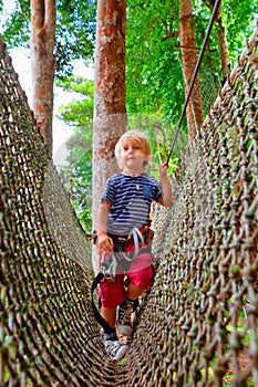 Child in safety harness pass obstacle in adventure rope park