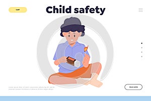 Child safety landing page design template with kid cartoon character playing with burning matches