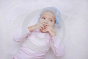 Child in salt room. Halotherapy for treatment of respiratory diseases.