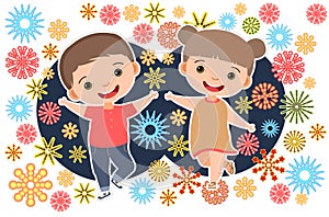 Child with salute. Little boy and girl. Fireworks at birthday party. Kid is jumping for joy at party. Charming active