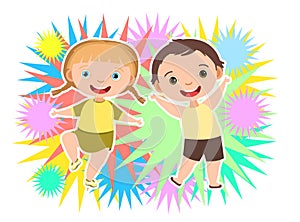 Child with salute. Little boy and girl. Fireworks at birthday party. Kid is jumping for joy at party. Charming active