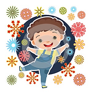 Child with salute. Little boy. In jeans clothes. Fireworks at birthday party. Kid is jumping for joy at party. Charming