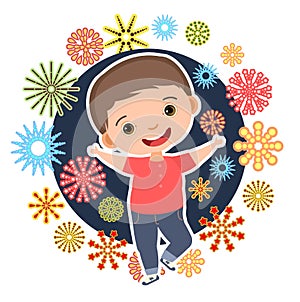 Child with salute. Little boy. In red clothes. Fireworks at birthday party. Kid is jumping for joy at party. Charming