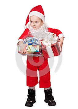 Child in santa costume holding gift box.