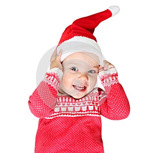 Child in santa hat and red christmas costume isolated.