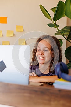 child at school. the child uses a laptop for learning. training using modern technologies