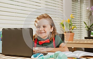 Child schoolboy pupil learn english online at home school. Homeschooling and distance education for kids.