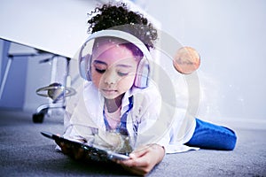 Child, science and astronomy on tablet with web education and internet app for kids. Home, child and digital holograph