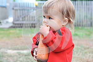 Child scrunching carrot outdoor