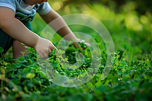 child searching for fourleaf clovers in a lush green field photo