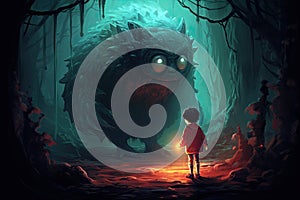 child see a monster in scarry forest AI generated