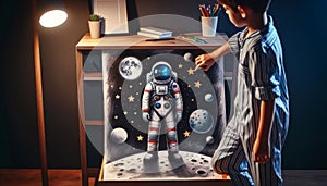 Child sets an image of an astronaut in a spacesuit on the surface of the Moon against the stars