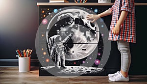 Child sets an image of an astronaut in a spacesuit on the surface of the Moon against the stars