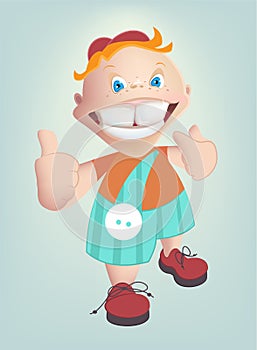 Child shows healthy teeth. Vector cartoon