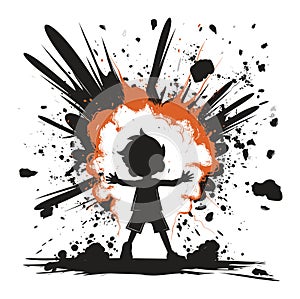 Child silhouette with explosion background. Boy with open arms with splash and splatter effect. Creative kids play and