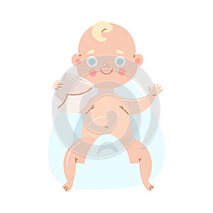 The child sits on a potty with toilet paper in his hands. Vector illustration in flat cartoon style.