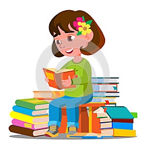 Child Sitting With A Lot Of Books In The Library Vector. Isolated Illustration