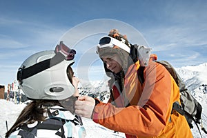 Child skiing and safety helmet