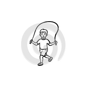 Child with skipping rope hand drawn outline doodle icon.