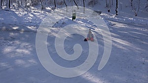 Child Sledding in Snow, Little Girl Playing in Winter, Kid Sledging in Park 4K