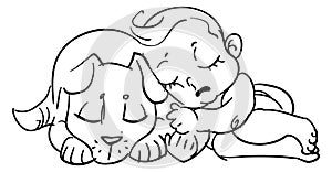 Child sleeping with puppy. Cute babies line drawing