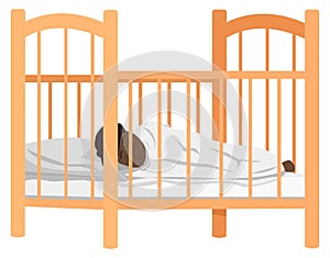 Child sleeps in bed in kids bedroom. African american baby lies in crib isolated on white