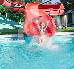 Child on a slide in the water Park.