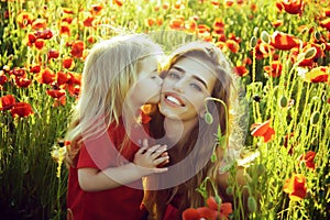 Child small boy at mother or sister kissed in poppy field.