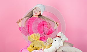 Child small girl playful hold teddy bear plush toy. Teddy bears improve psychological wellbeing. Unique attachments to