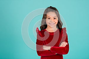 Child smile in red dress, fashion