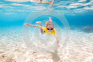 Child snorkeling. Kids underwater. Beach and sea