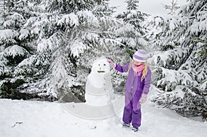 Child, snowman and winter forest